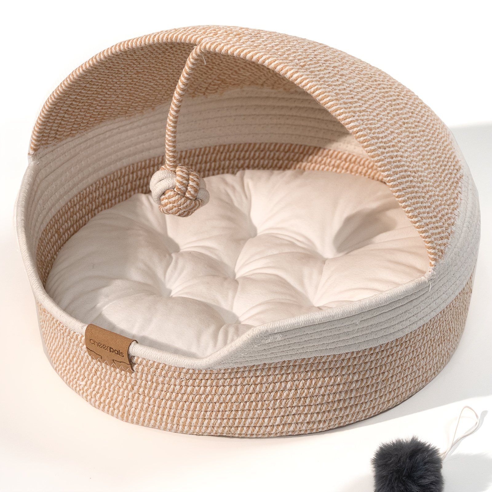 Cheerpals Braided Cat Bed & Cat Cave With Lid - Dimensionally Stable Cat Basket Made Of Scratch-resistant Yarn, 2-in-1 Cuddly Cave With Washable Cushion For Hiding & Sleeping, 44 X 44 X 33cm (beige
