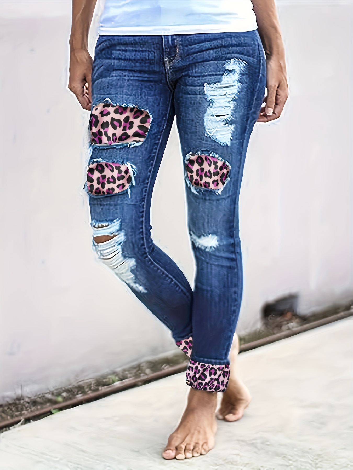 Leopard Print Ripped Jeans, Distressed Whiskering Skinny Fit Denim Pants,  Women's Denim Jeans Clothing