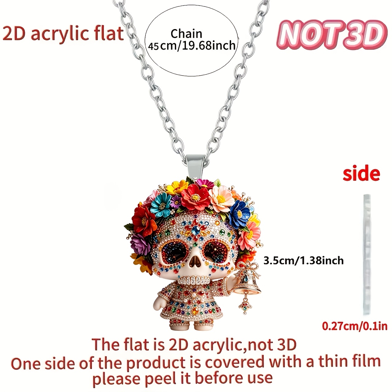 TEMU 2d Flat - [2d Flat] 1pc Cute Skull Fashion Item, Women's New Acrylic Necklace, Trendy Sweater Chain, Ideal Gift For Birthdays And Parties