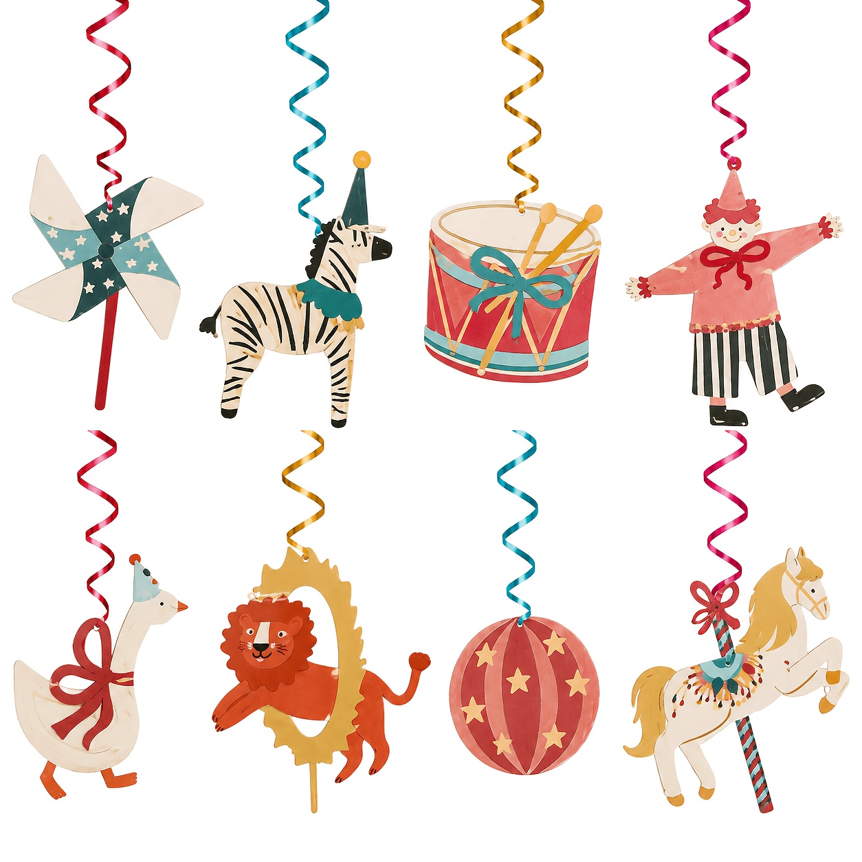 TEMU 8 pezzi di ornamenti a spirale a tema , motivo clown zebra leone carosello mulino a vento, decorazioni da appendere al soffitto in stile retr簷,