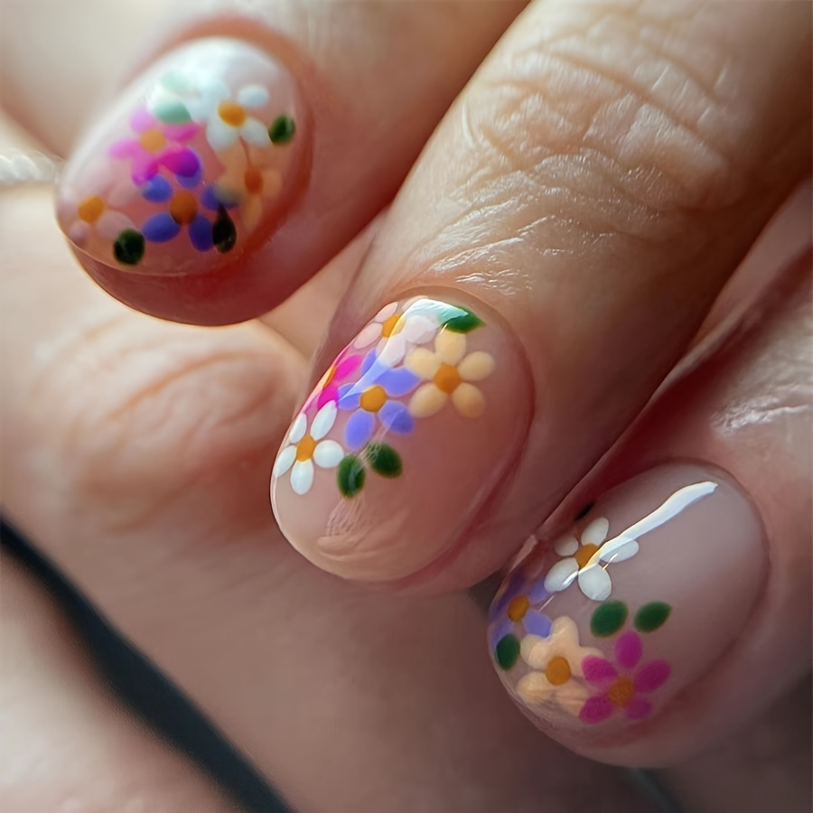 Short Fashionable Colorful Flower Wearable Nail Tips European Style Removable 24pcs Set