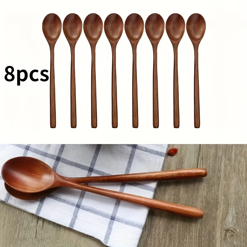 TEMU 8pcs Wooden Long-handle Spoon Set, 23.5cm Wooden Soup Spoon And Table Spoon, Reusable Wooden Utensils For Eating, Stirring, Afternoon Tea, Home,
