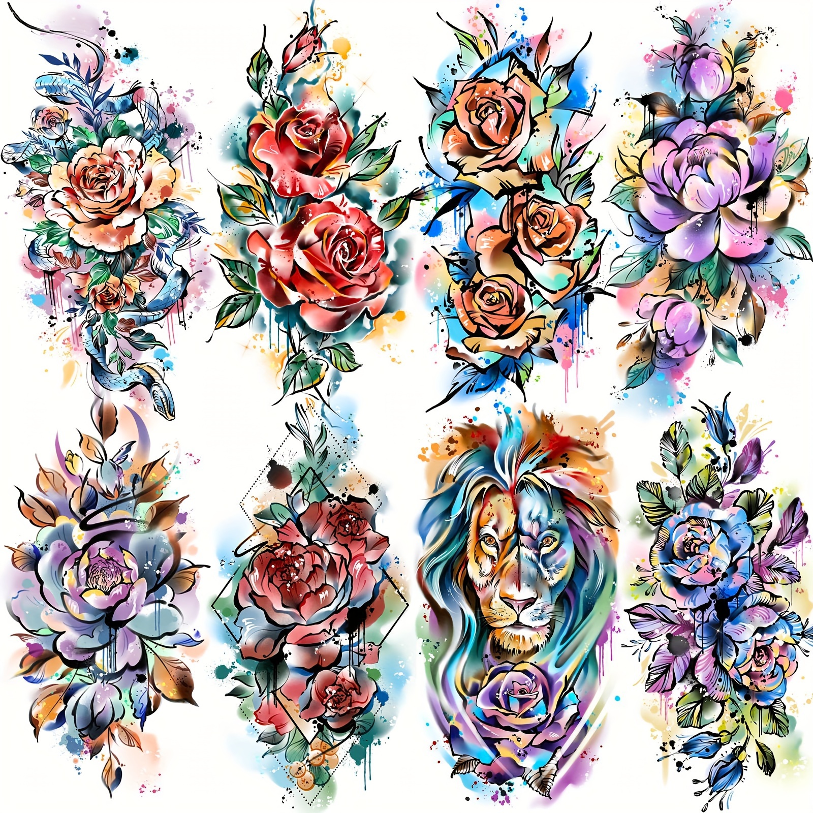 

8 Sheets Beautiful Watercolor Rose Flower Temporary Tattoos For Women Girls Adults Arm Legs, Lion Peony Long Lasting Waterproof Fake Tattoo Stickers, Blue Read Colorful Water Color Floral Tattoos