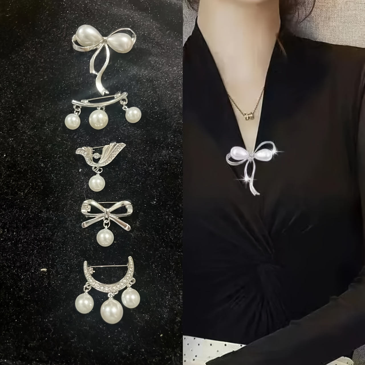 TEMU 5pcs Set Anti-slip Fashion Brooches, Elegant Korean Style Corsage, High-grade Alloy Pin With Rhinestone And Securing Accessories