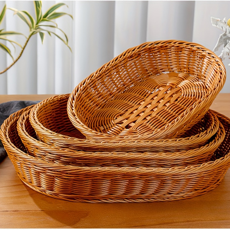 

1pc Handwoven Rattan-style Fruit Basket, Snack Bread Vegetable Tray, Tabletop Organizer Storage Basket, Rustic Farmhouse Kitchen Decor, Home Organization Accessory