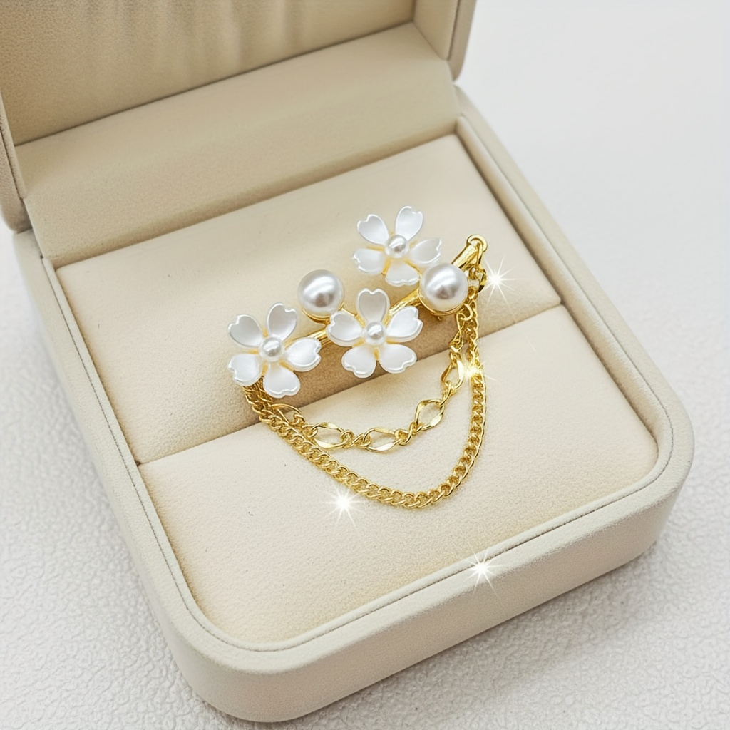 TEMU 1pc Of Fashionable And Elegant Pearlescent Flower Women's Brooch, 6 Kinds Of Colors With Exquisite Chain Decoration, Suitable For Women To Wear