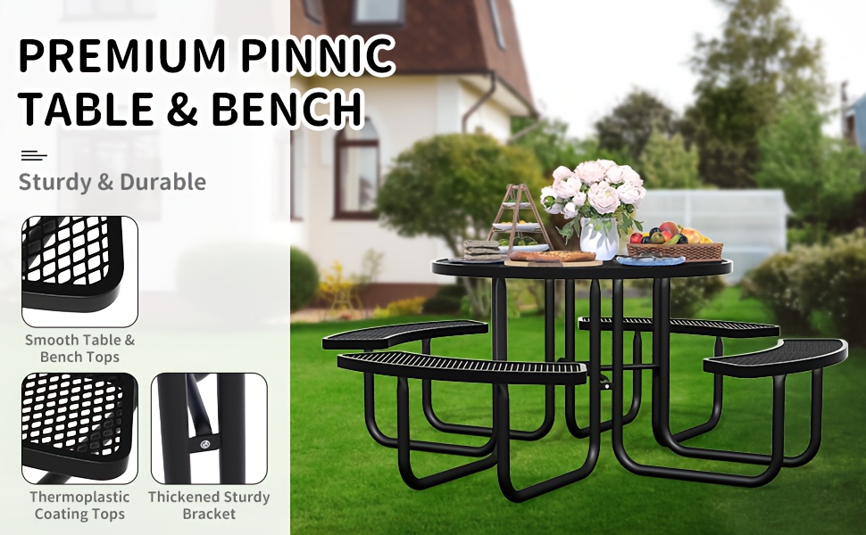 Heavy Duty Outdoor Metal Table and Bench Set Compatible for - -Weather Coated Steel Frame & Plastic Tabletop, Easy Assembly Outdoor Furniture for Park, Patio, Playground, School, Campsite - & Low Maintenance