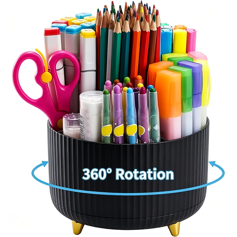 TEMU 360 Degree Rotating Pen Holder White And Black Desktop Stationery Organizer Cosmetic Brush Storage Container