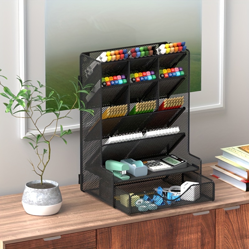 

Black Multi-functional Pen Organizer For Desk - Wall Mount With Drawer, School, Office, Supplies Office Setting Or Home