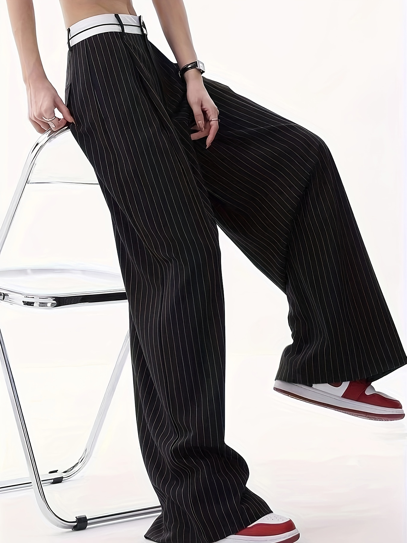 womens elegant striped white black wide leg pants side Temu