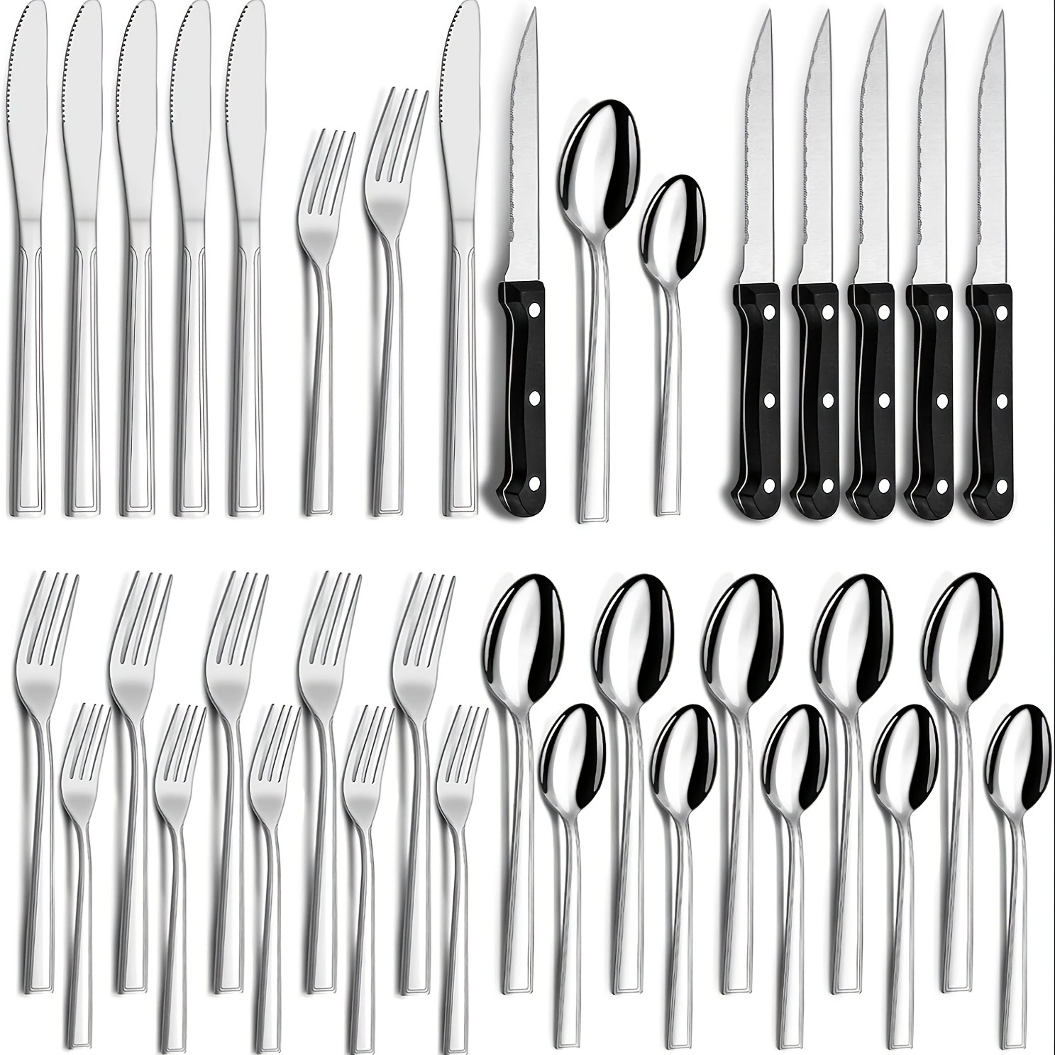 

36pcs Stainless Steel Cutlery Set With Steak Knives - Includes Forks & Spoons, Restaurants, Parties, Weddings - Dishwasher Safe