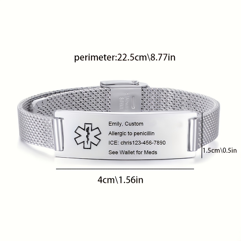 Custom Stainless Steel Body Alert Bracelet, Personalized Safety Gift
