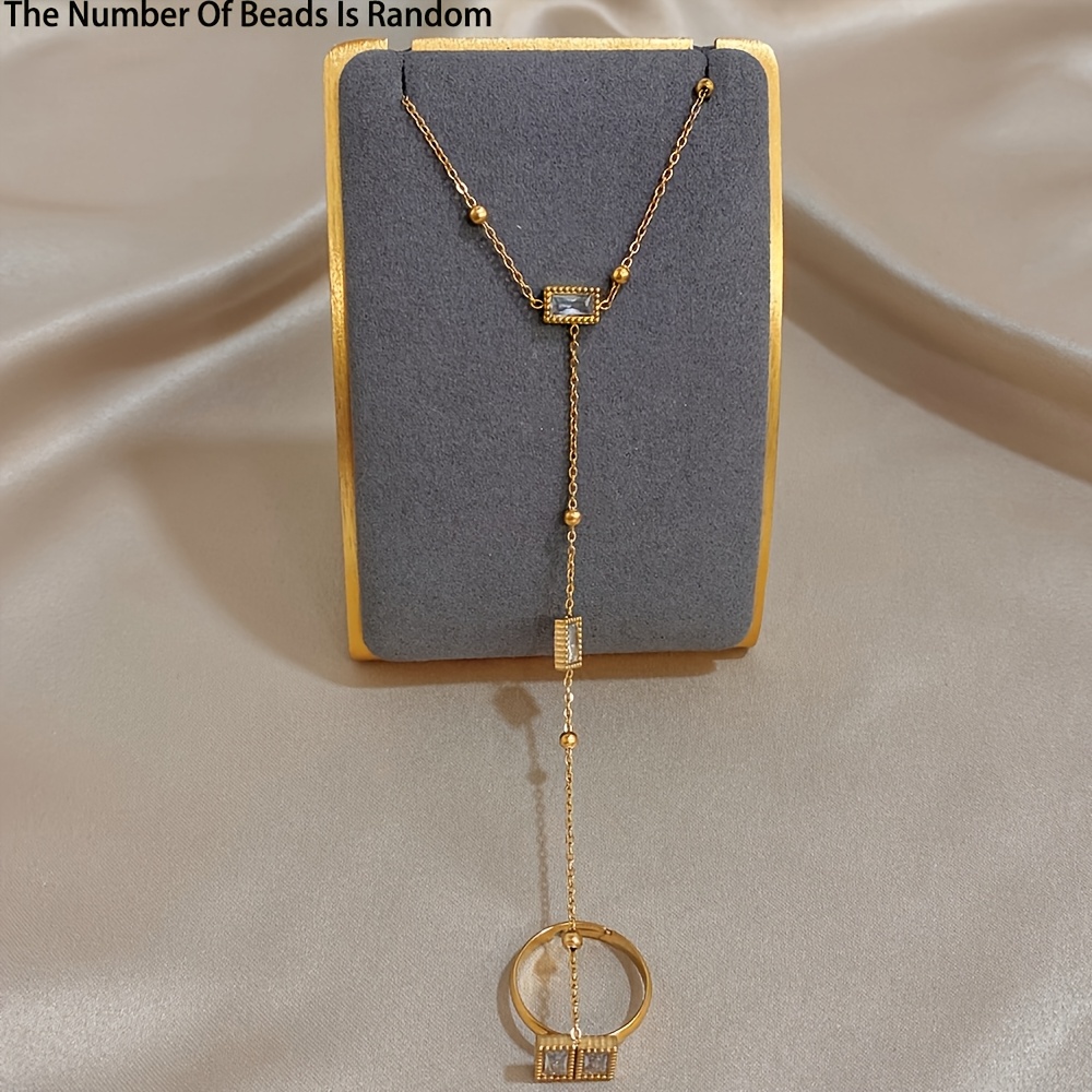 TEMU 1pc Dainty Elegant 304 Stainless Steel Bracelet Small Golden Bead And Synthetic Cubic Zirconia Square Charm Bracelet Birthday Gift () ( Of Beads