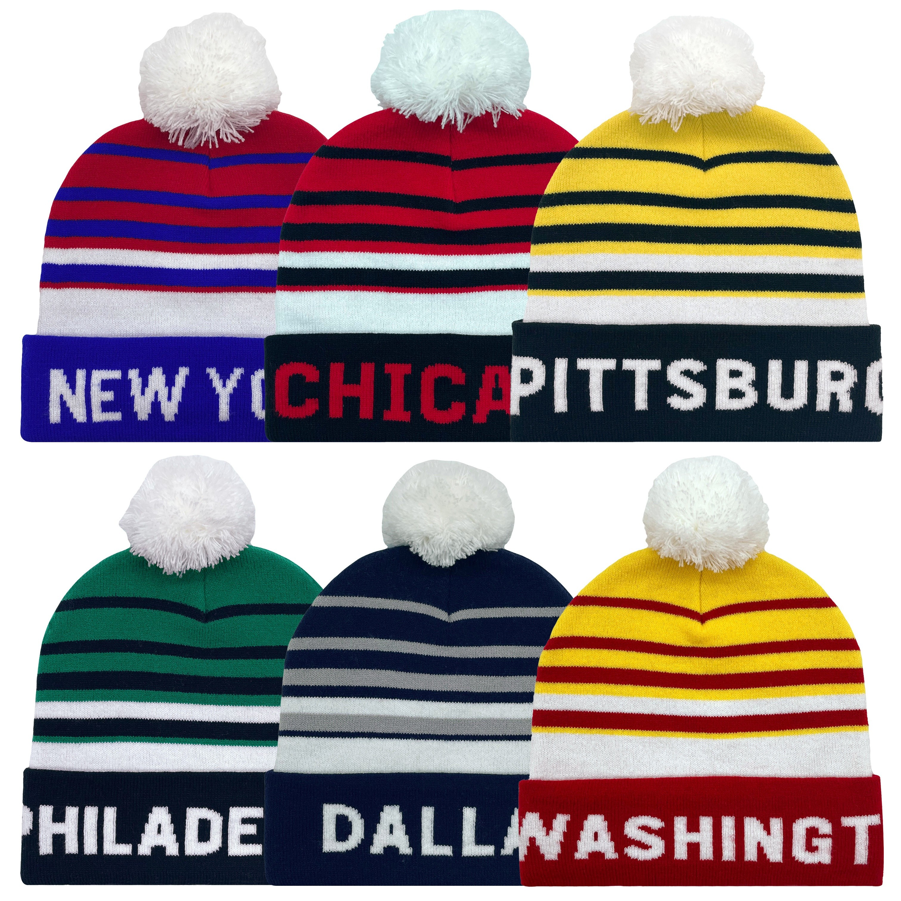 

Unisex Knitted Acrylic Beanie Hats With Pom-pom - Striped Winter Skull Caps With City Names, High Stretch, Cute Style, Warm Outdoor Headwear - Hand Washable