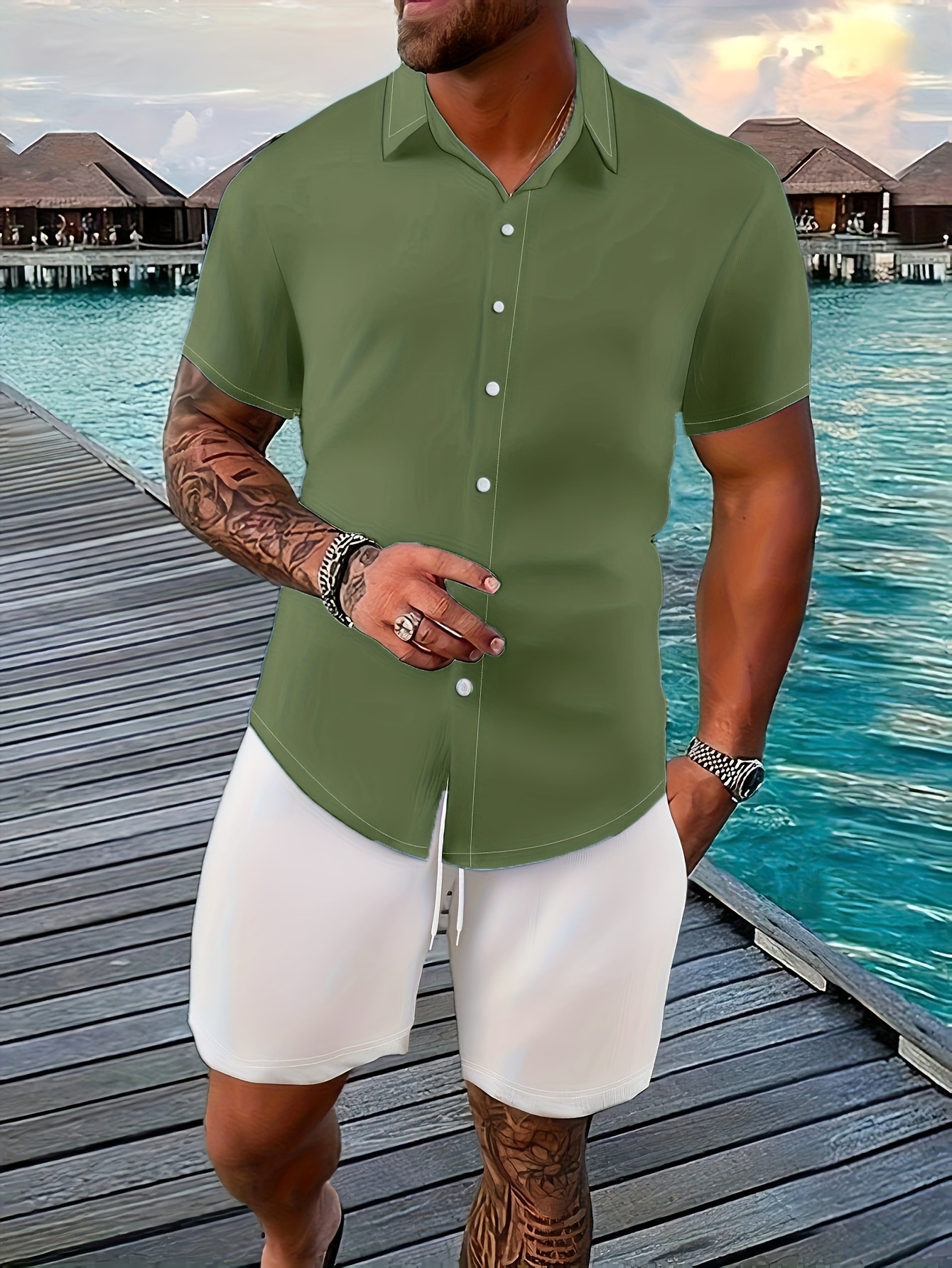 casual vacation outfit men simple shirt white shorts premium