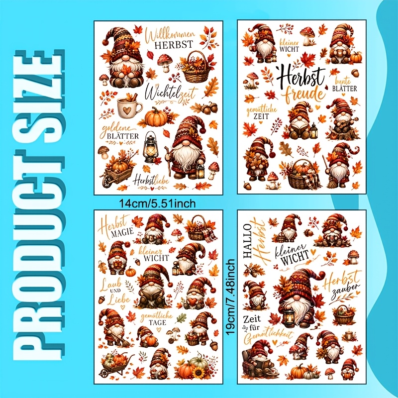 TEMU 4pcs Autumn Gnome Dwarf Uv Transfer, Multi-style Knitted Faceless Dwarf Images, Featuring Pumpkins, , Lanterns, And Basket Elements, With German