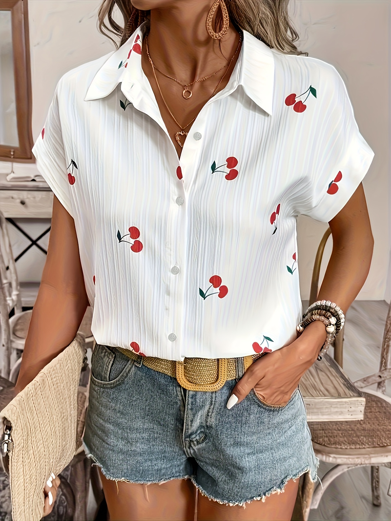 chemise à manches courtes imprimé cerises blanche femme Temu