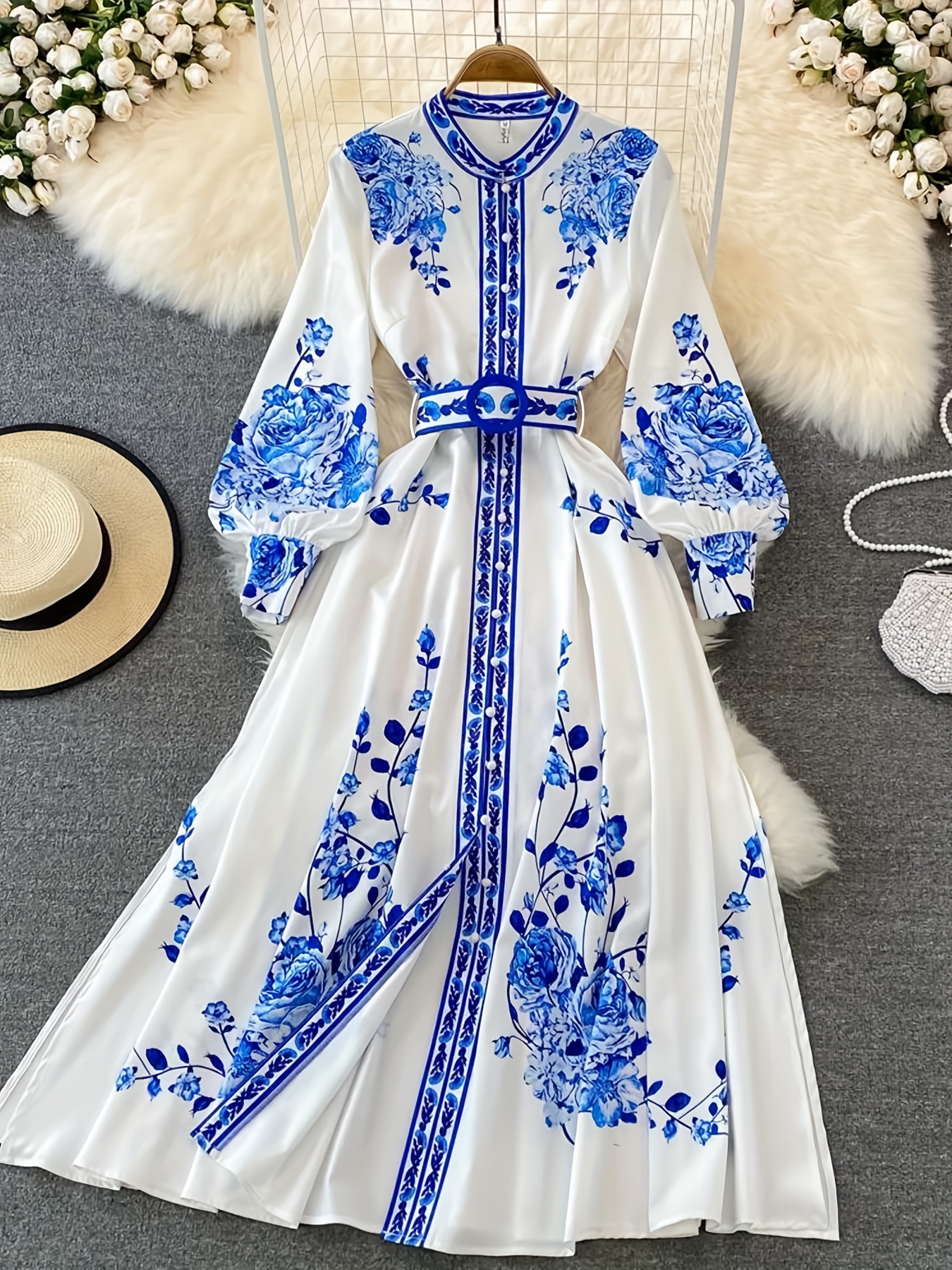 Plus Size, Plus Size Women's Boho Maxi Dress with Chinese-Inspired Blue  White Floral Print Collar Puffy Sleeve A-Line -Length Dress fo