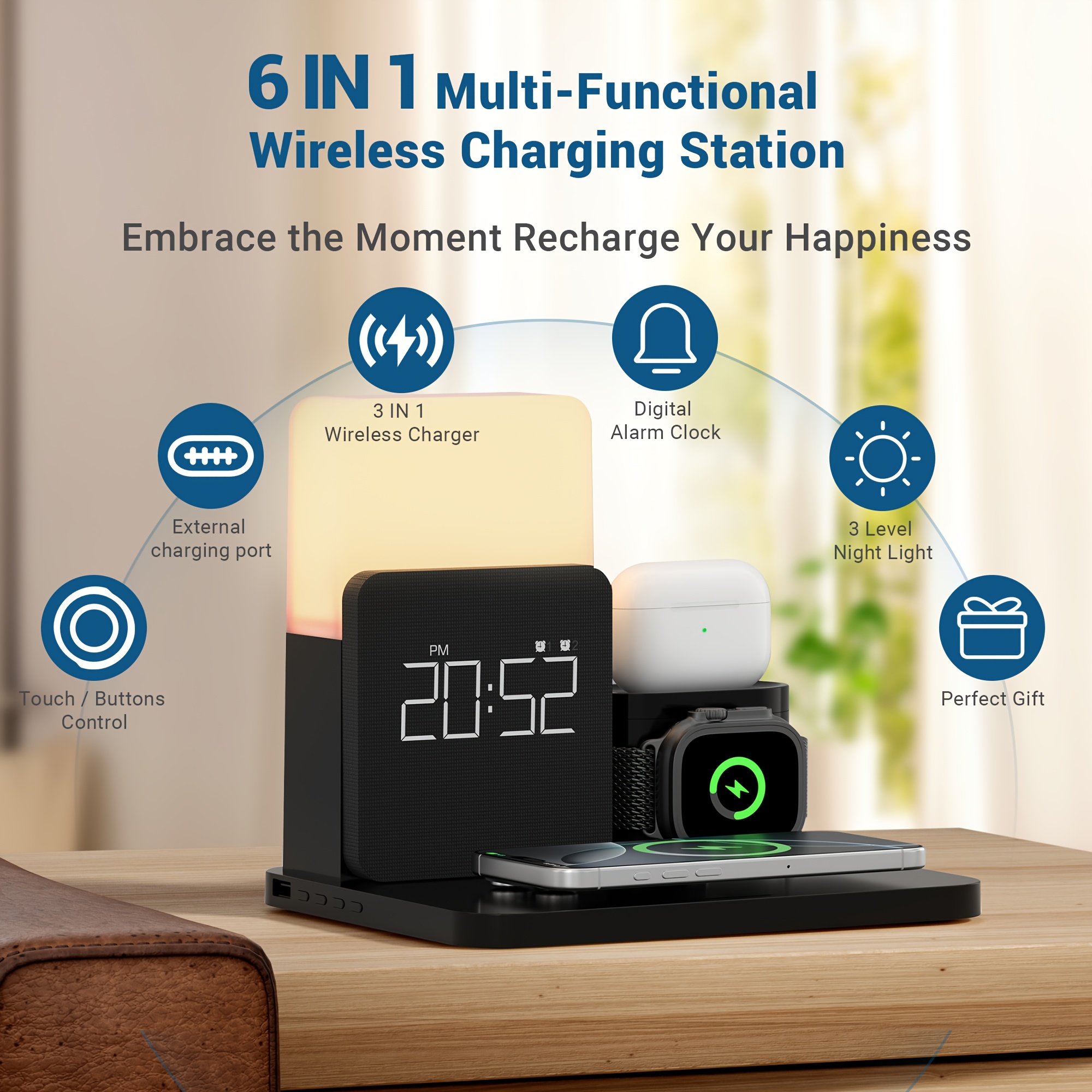 

1 Charging Station Alarm Clock With Wireless Charger, Wireless Charging Station, Suitable For Iphone 12/13/14//13 Mini/13 Pro Max/12 Pro Airpods, Valentine's Day Gift, Room Supplies Clearance