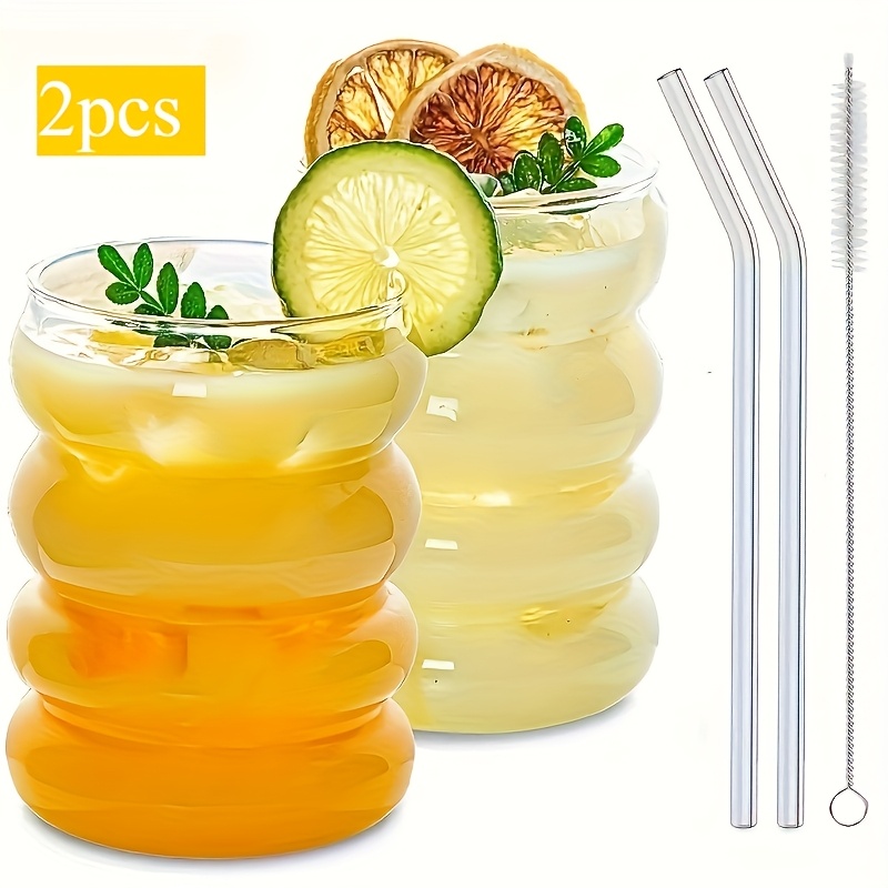 2 Creative Wavy Glass Cups With Straws, Vintage Ripple Design, Cute For Caterpillar Style, Suitable For Iced Coffee, Cocktails, Soda, Juice, Beer, And —ideal For Home, Kitchen, And Bar Use