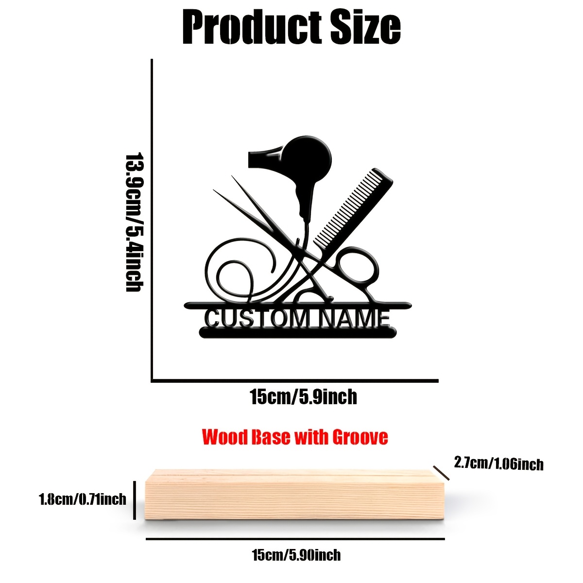TEMU 1pc Of Customizable Personalized Barbershop Decoration - Custom Name, Scissors, Comb And Hairdryer Design - Wooden Base Metal Salon Ornament -