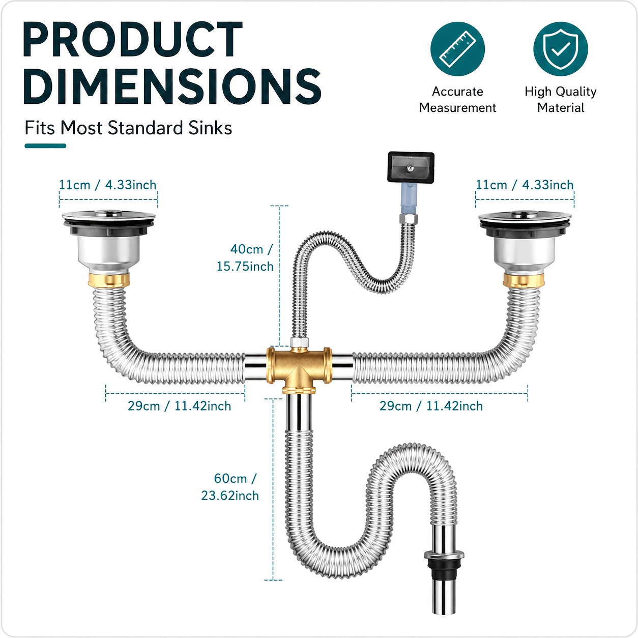 TEMU 304 Stainless Steel Double Bowl Sink Drain Kit, Flexible Kitchen Sink Drain Pipe With Deodorizing Seal Plug, Leak-resistant Waste Drain Assembly