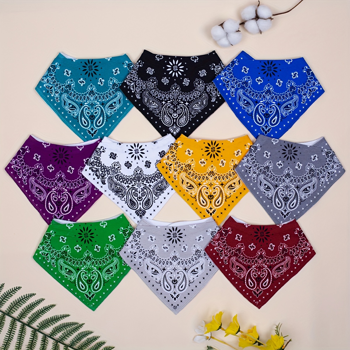 

10 Pack Of Absorbent, Breathable, And Soft Adjustable Snap Bandana Bibs For Boys And Girls With Paisley Pattern