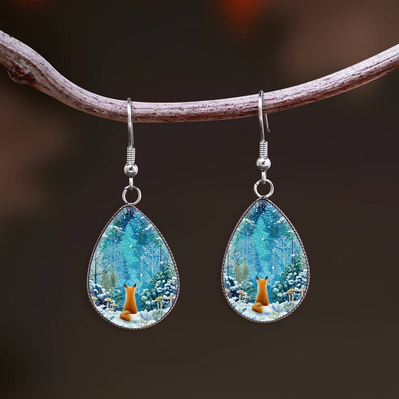 Winter Snowy Forest Red Fox Pattern Teardrop Earrings