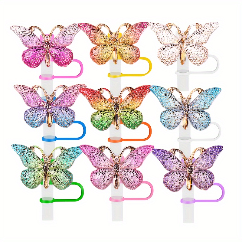 

9-piece Gradient Butterfly Resin Straw Covers - Reusable Silicone Toppers, Dust-proof Drinking Tips For 6-8mm Straws - Perfect For Restaurants & Cafes