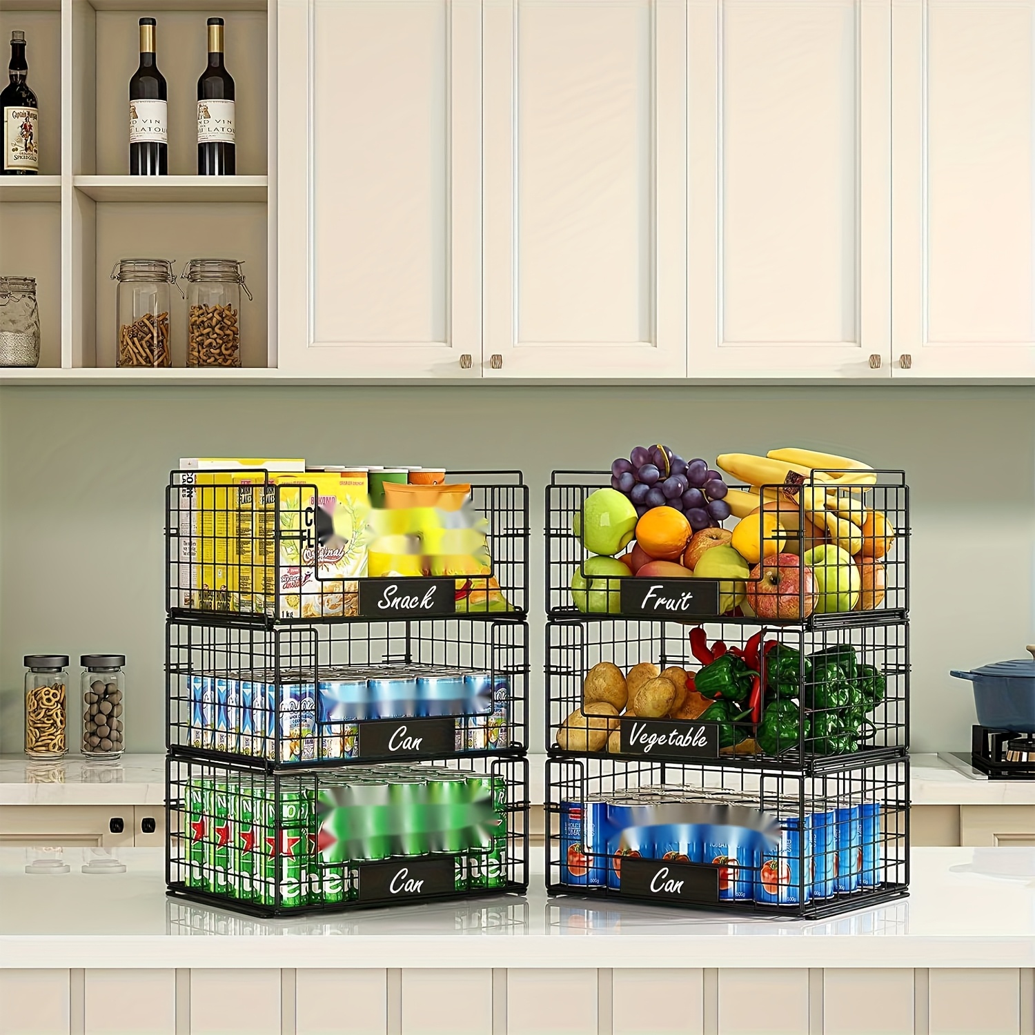 TEMU 3 Pack Xxl Stackable Wire Baskets With Handles For Pantry Storage And Organization, Fruit And Vegetable Basket With Name Plates, Metal Storage