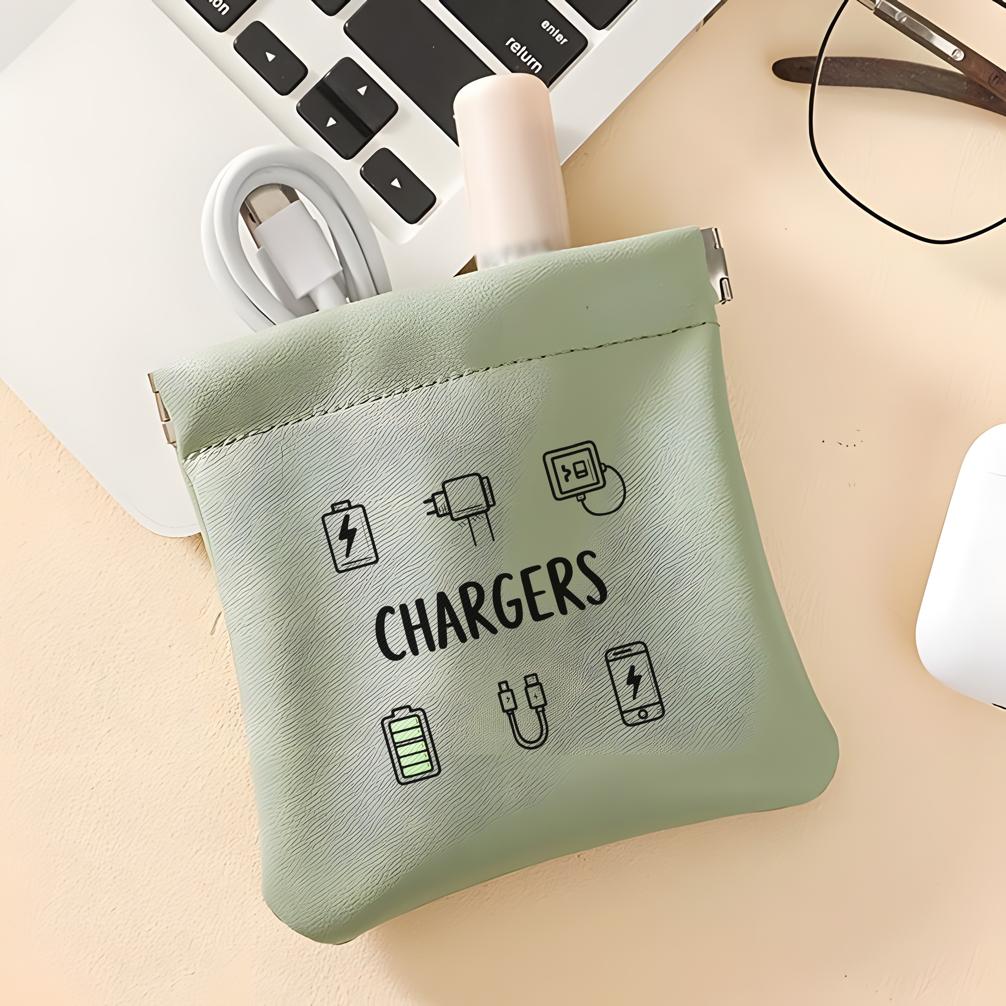Image of 1 Portable Charger Print Storage Bag, Earphone Cable Organizer Pouch, High Quality Pu Automatic Snap Closure, Suitable For Power Banks, , And Keys, Business Travel Handbag, Gift For Or Teachers
