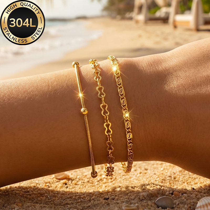 E-shop 3-teiliges 304L Edelstahl 18K vergoldenetes Damenarmband-Set, exquisites Edelstahl-Schmuckset für Damen, mit stilvollem und elegantem Design,