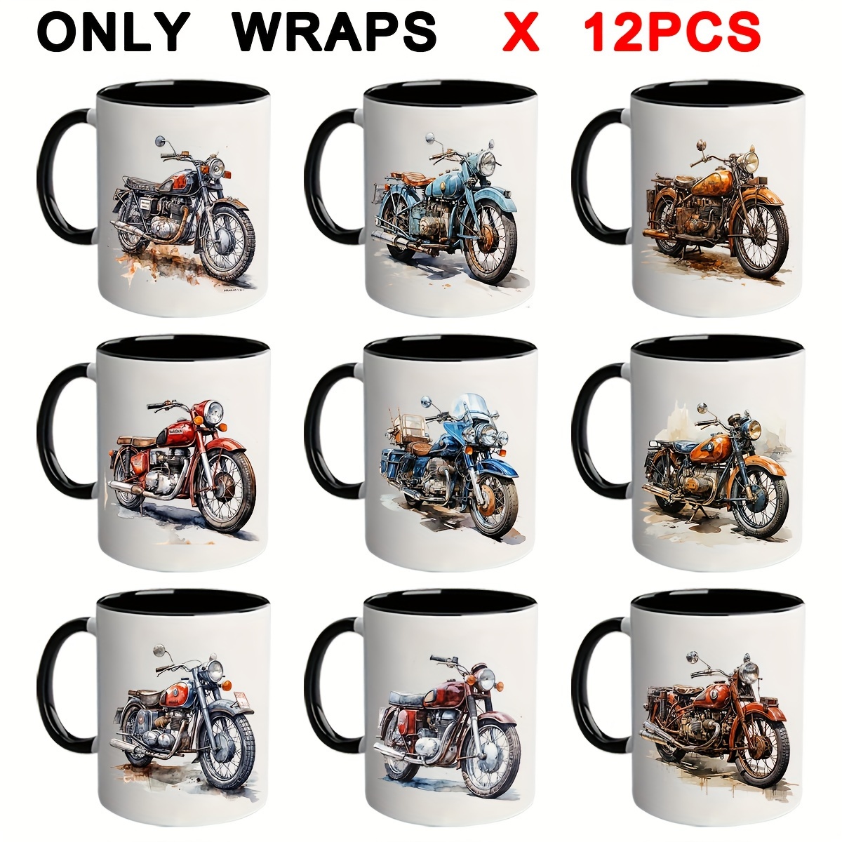 

12pcs Watercolor Motorcycle Uv Dtf Wraps Decals - Self-adhesive Transfer Paper For 40oz Mugs, Tumblers & Bottles - Vintage Bike Designs, Pvc Material, Ideal For Diy Arts & Crafts