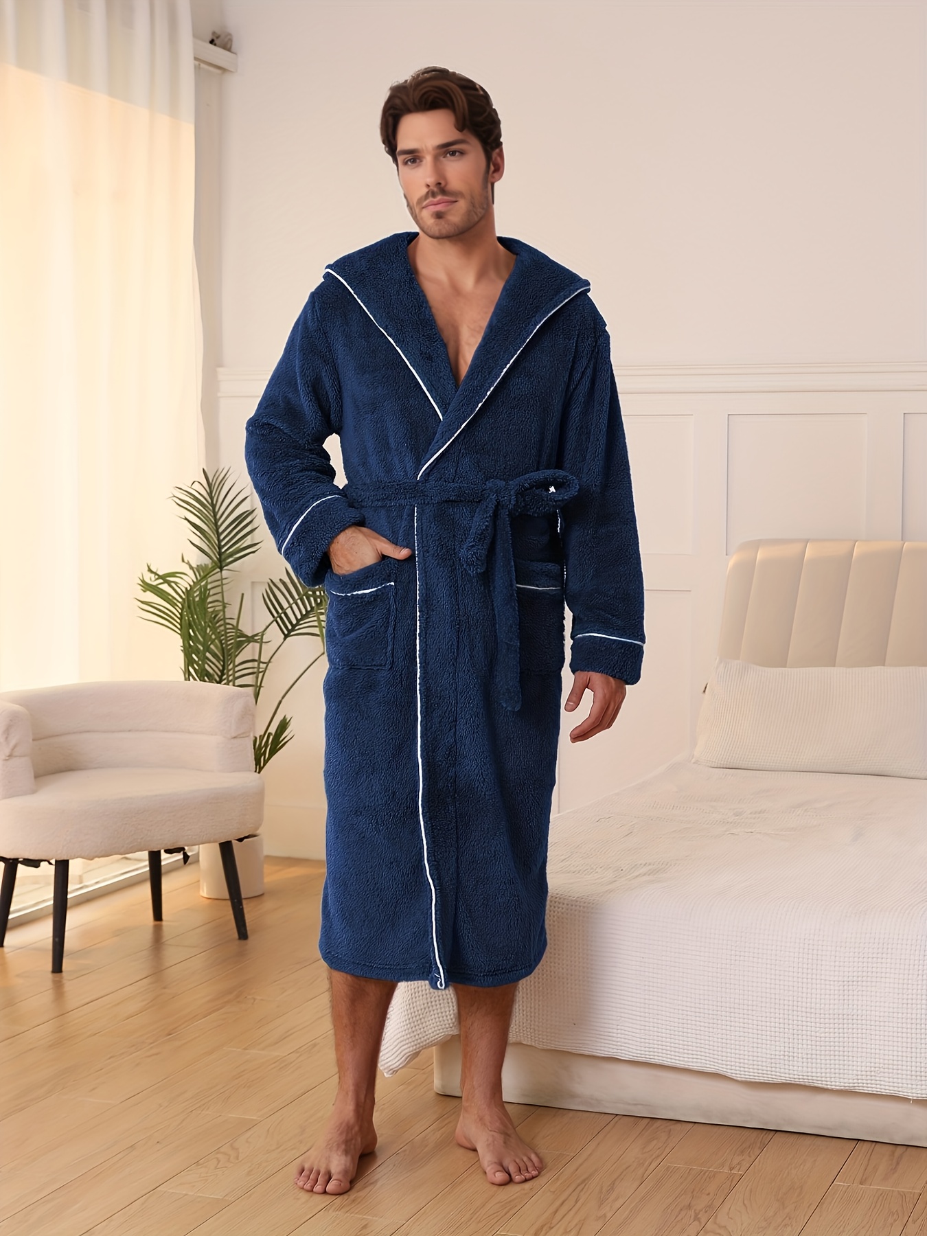 1pc Men's Plush Hooded Robe with Pajama Jacket & Pants-like Design - Heavy-Duty Winter Robe, Belted Waist & Double Pocket - Machine Washable Luxury Sleepwear for Home, Spa, Lounge - Navy Blue (No Dry-Clean)