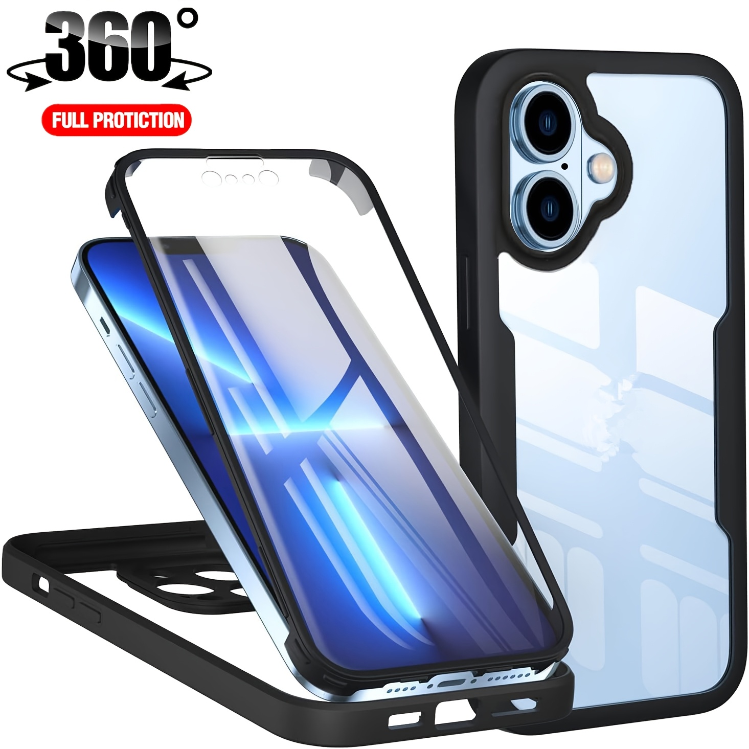 

2in 1 Heavy Duty Protective Transparent Shockproof Case For 15 Pro Max 14 Plus 13 Mini 12 11 Xr Xs Pc Back Hd Pet Film Built-in Screen Protector Front Double-sided Full Cover(black)