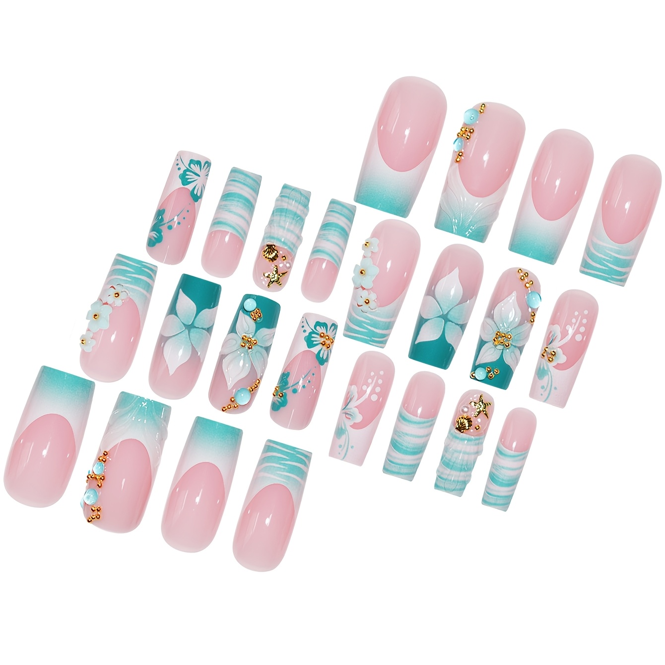 A Set Of Press-on False Nails, And Elegant, -blue Flowers, Fashionable Stripes, Sparkling , Cute Starfish Shells