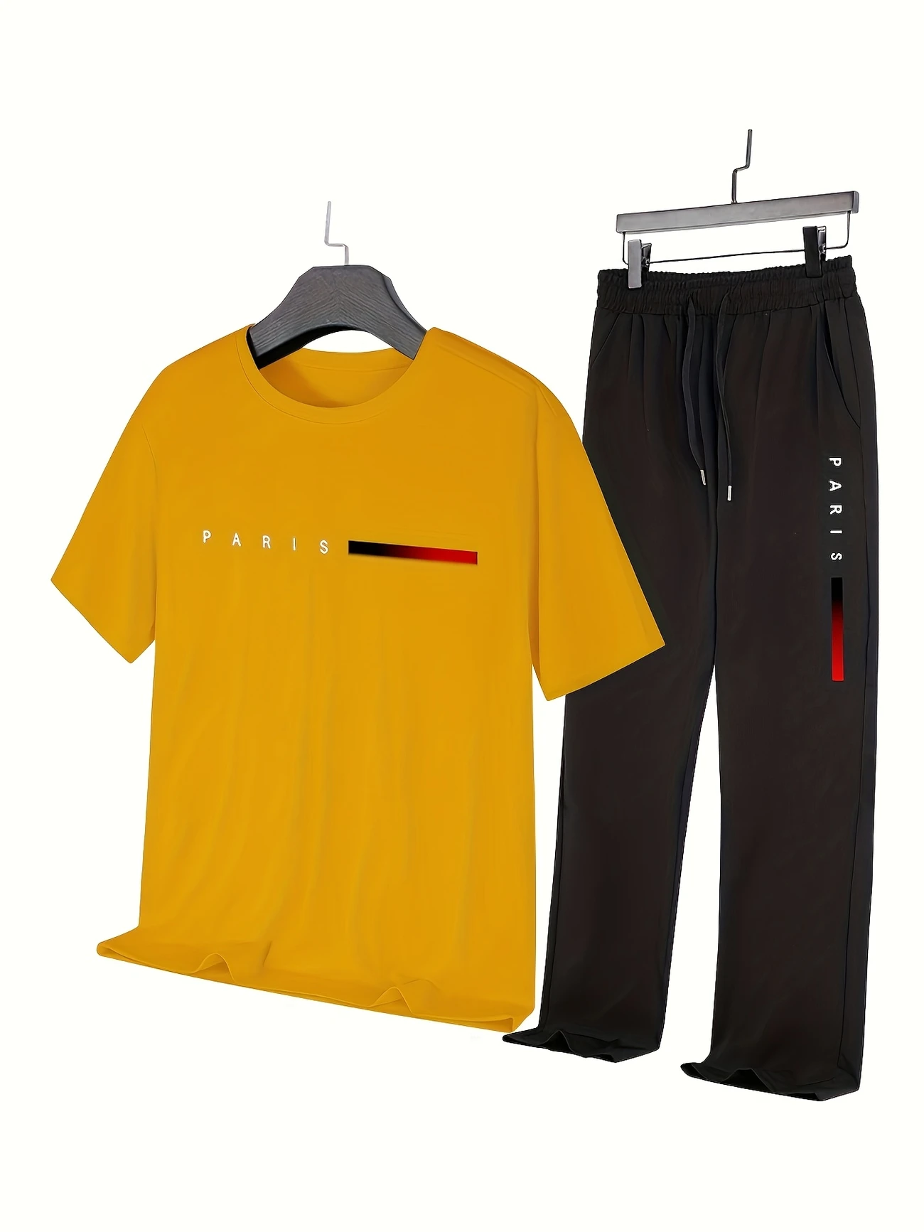 mens casual sports two piece set short sleeve top straight leg pants with paris print fashionable and trendy ideal for summer parties casual and everyday wear short sleeve top print trousers details 0
