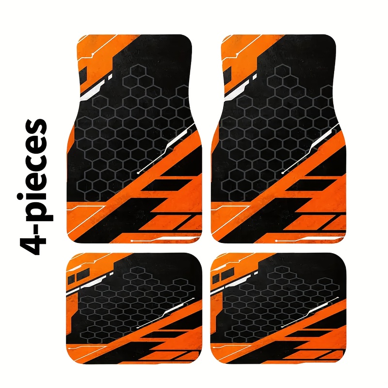 TEMU Black And Orange Honeycomb Geometric Pattern Car Floor Mats - Suitable For Sedans, Trucks, Suvs - Non-slip, Durable Mats With Black And Orange
