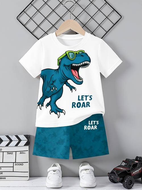 boys fashion short sleeve suit summer t shirt top and casual shorts 2 set humorous glasses dinosaur print trendy cool casual comfortable short sleeve shorts 2 set for boys daily outdoor sports wear casual outfits for outdoor