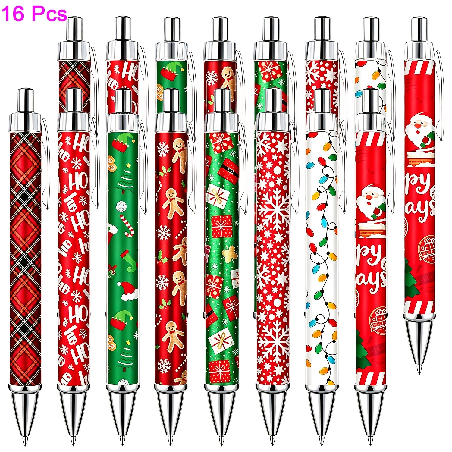 TEMU 16/24pcs Christmas Ballpoint Pens Bulk, Retractable Cute Red And Green Santa Claus Snowman Cartoon Ballpoint Pens, Smooth Writing Black Ink Pen