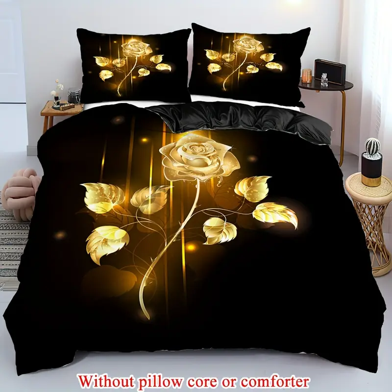 2 3pcs 1 duvet cover 1 2 pillowcase without core golden rose flowers romantic valentines day branch flower garden couple print soft comfortable bedding set for bedroom dorm room family gift Product details 4