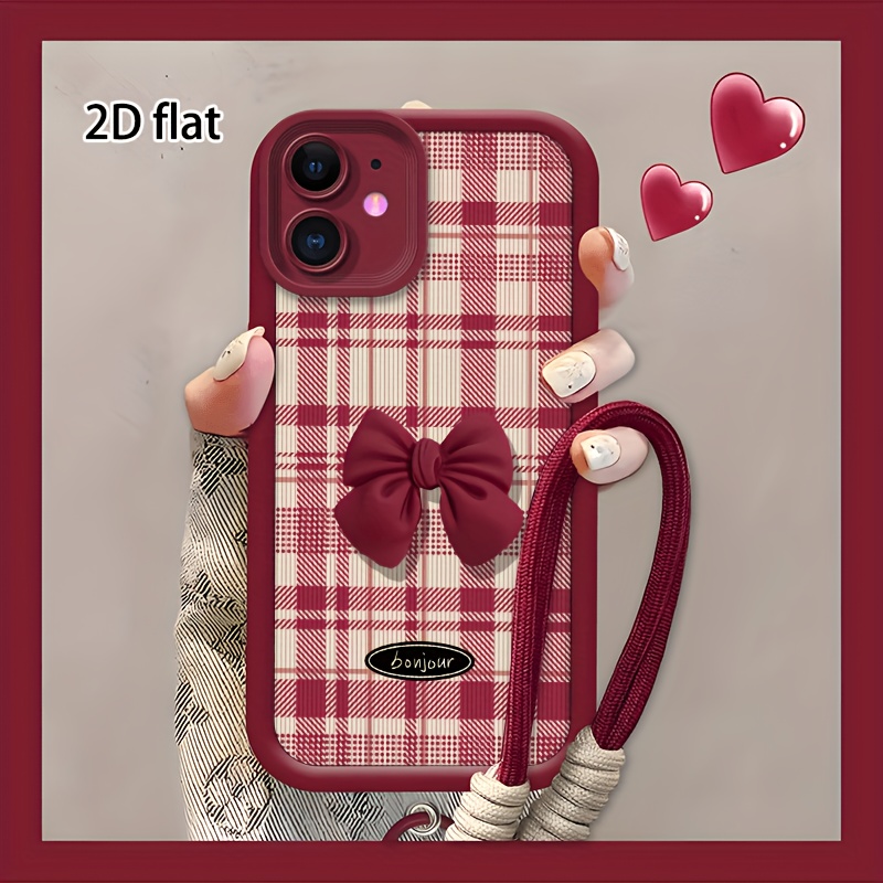 TEMU Phone Case: 2d Flat Burgundy Check Bow Phone Cases For Iphone 11 Lanyard Phone Case For Men And Women. High-quality Tpu Cute Soft Hanging Rope