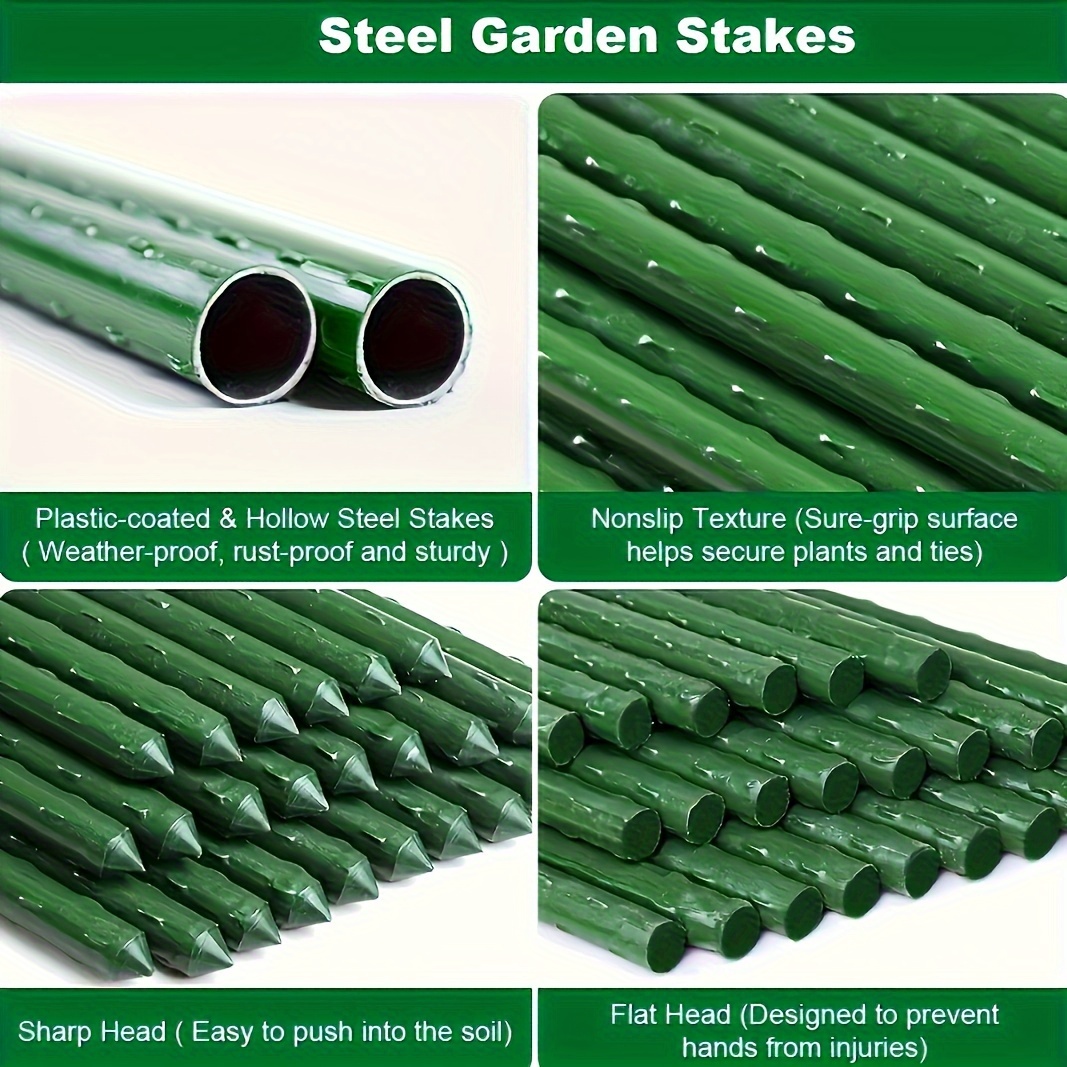

10-piece Green Coated Steel Garden Stakes, 1.97 Ft - Weatherproof & Rustproof With Non-slip Grip, Pointed & Flat Heads For Secure Plant Support
