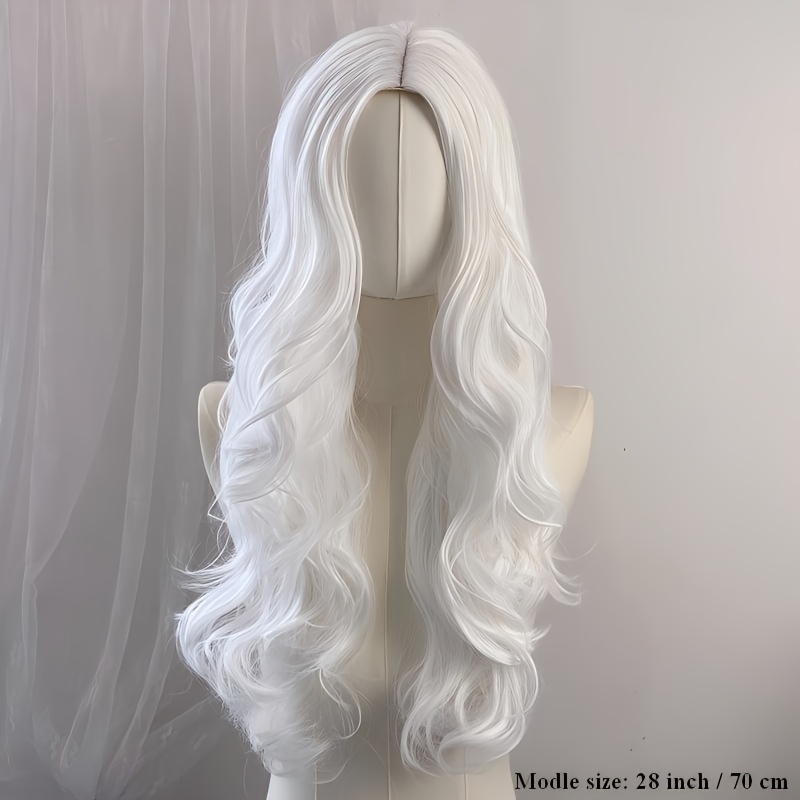 TEMU Elegante 28-inch puur witte lange krullende pruik voor dames, golf volumineus haar met middengedeeld, gladde en niet-klitende strengen, ademende