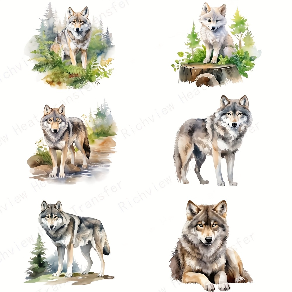 

6pcs/set Watercolor Wolf Style Heat Transfer Stickers For Diy Washable Printed T-shirts Iron-on Patches Decoration