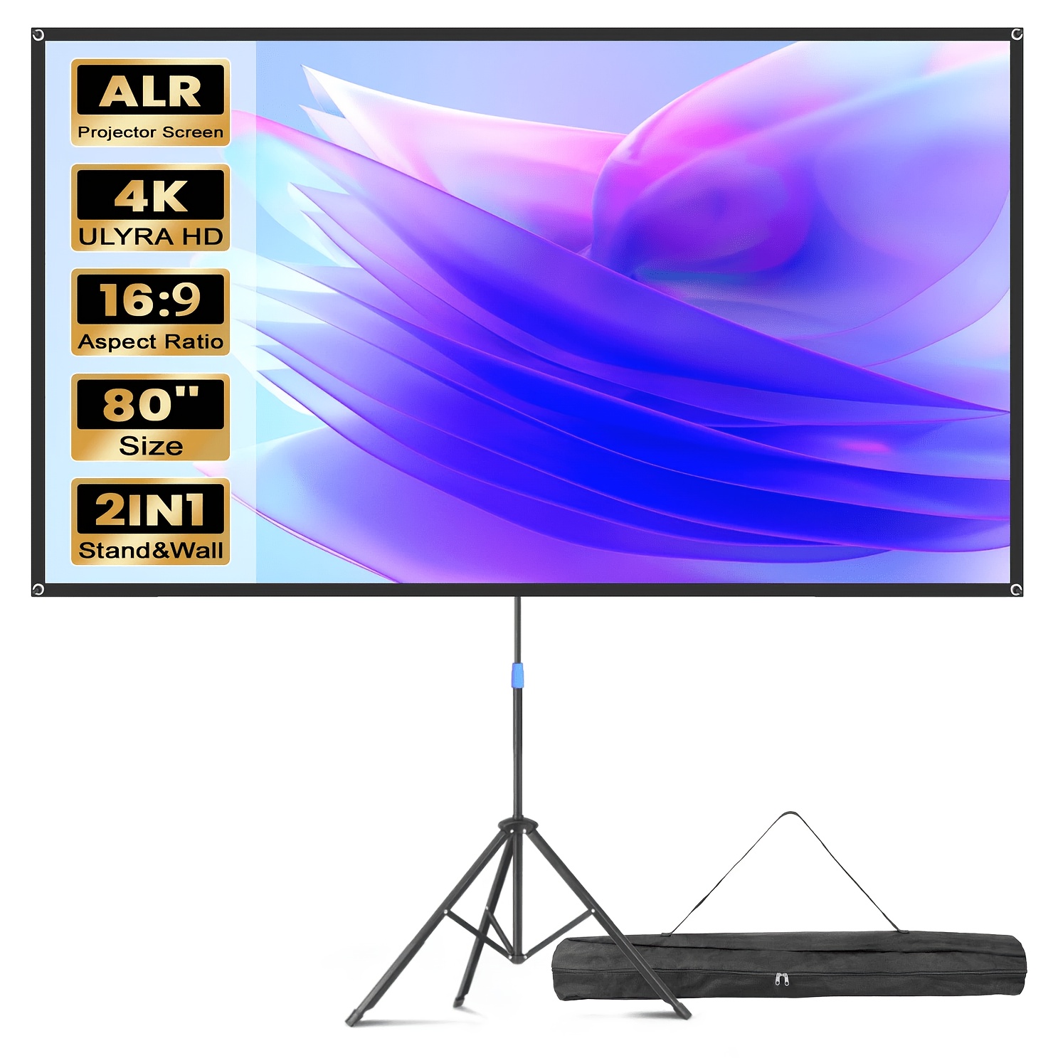 80 Inch Alr Projector Screen With Tripod Stand 16:9 4k Hd Projection Screen Stand Height Adjustable Portable Screen For Office, Movie, , Gaming, Camping For Theater Projector Indoor Outdoor