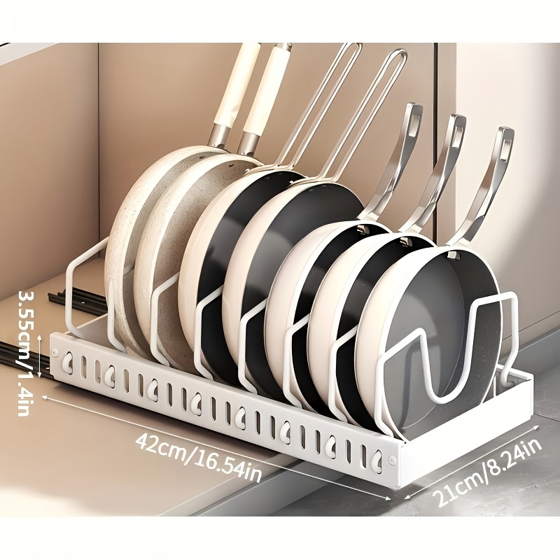 TEMU Kitchen Utensil And Frying Pan Storage Rack With Retractable Lid Organizer, Suitable For Under Cabinet Placement, Equipped With 8 Adjustable