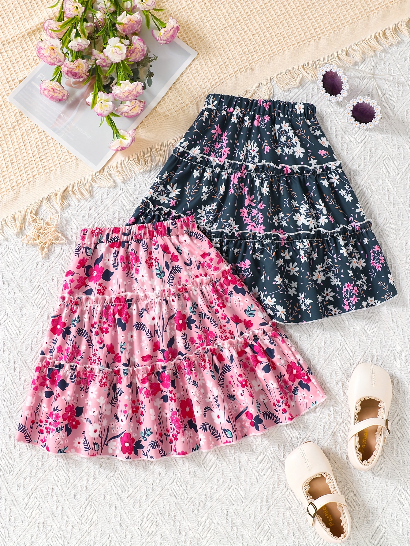 two pack young girl elastic waist floral print ruffle hem Temu