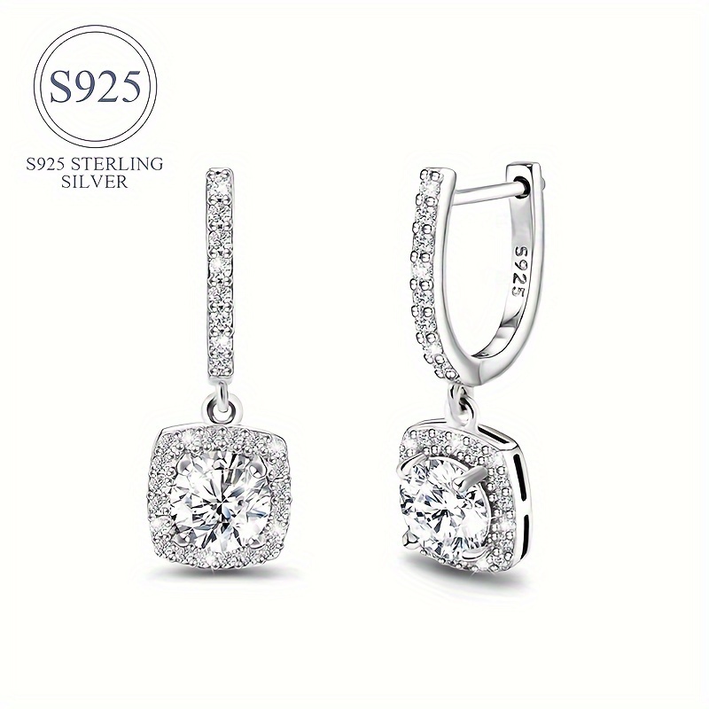 

Sterling 925 Silver Ear Jewelry Square Shape Shiny Decor Dangle Earrings Luxury Style Banquet Party Ear Ornaments