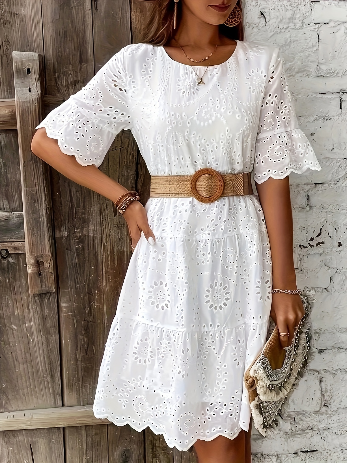 womens white lace short sleeve a line dress round neck Temu